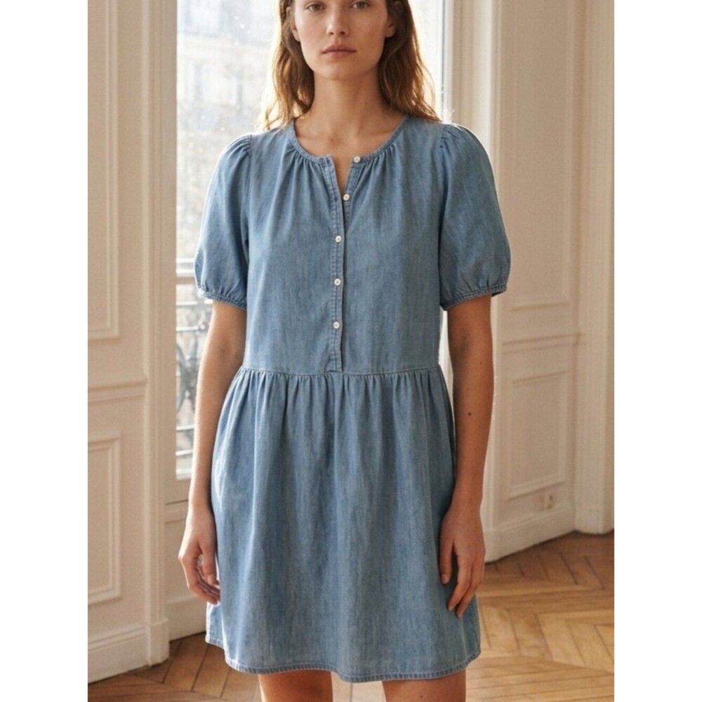 Loft Chambray Short Sleeve Oversized Half Button Shift Dress Size XS